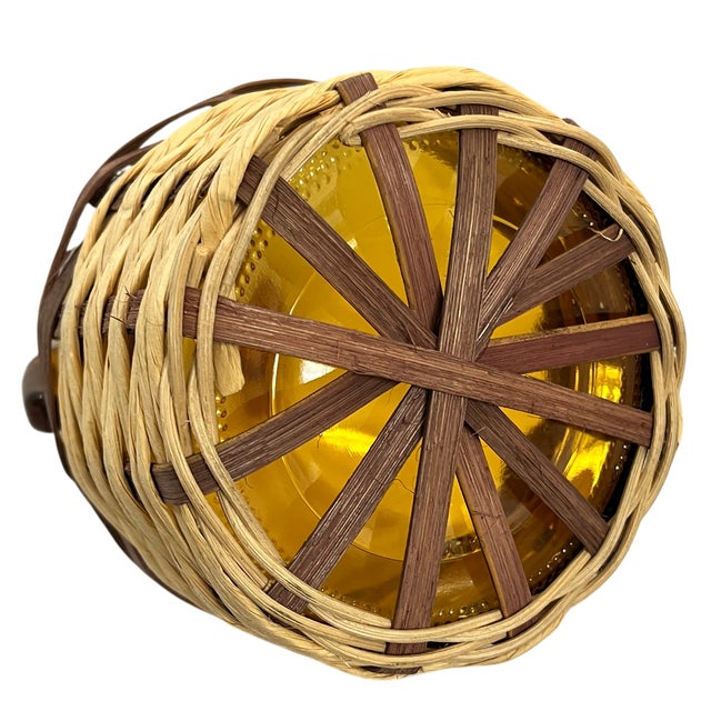 Yellow Vintage Amber Glass Pitcher & Six Tumblers With Woven Wicker Sleeves, Set of 7 For Sale - Image 8 of 9