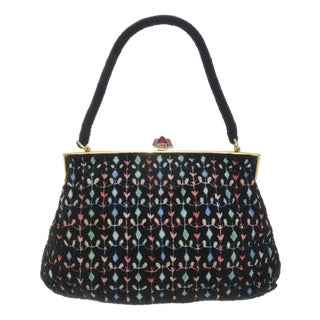 French Black Beaded Handbag With Floral Embroidery, 1950's For Sale