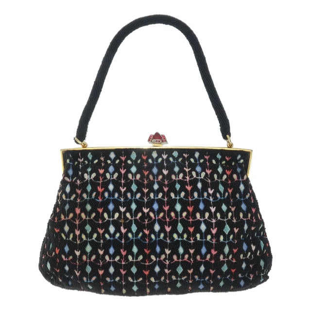 French Black Beaded Handbag With Floral Embroidery, 1950's For Sale
