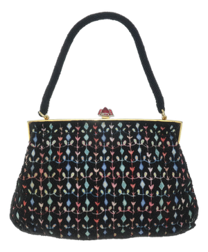 French Black Beaded Handbag With Floral Embroidery, 1950's