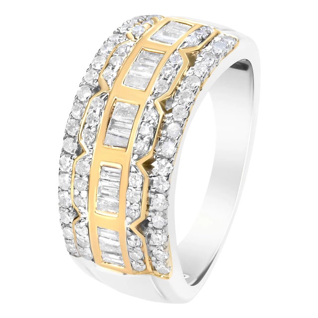 10K White and Yellow Gold 1.00 Cttw Baguette and Round cut Diamond Art Deco Multi-Row Ring Band (I-J Color, I1-I2 Clarity) - Ring Size 8 For Sale