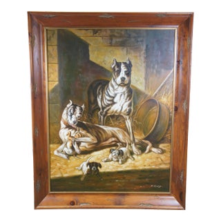 W. Oudry English Bulldog Dog Family Portrait Oil Painting on Canvas 51" For Sale