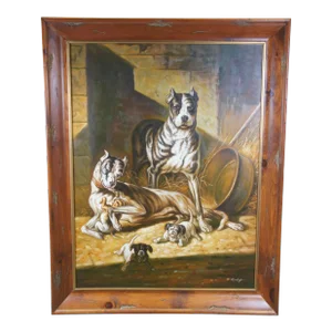 W. Oudry English Bulldog Dog Family Portrait Oil Painting on Canvas 51"