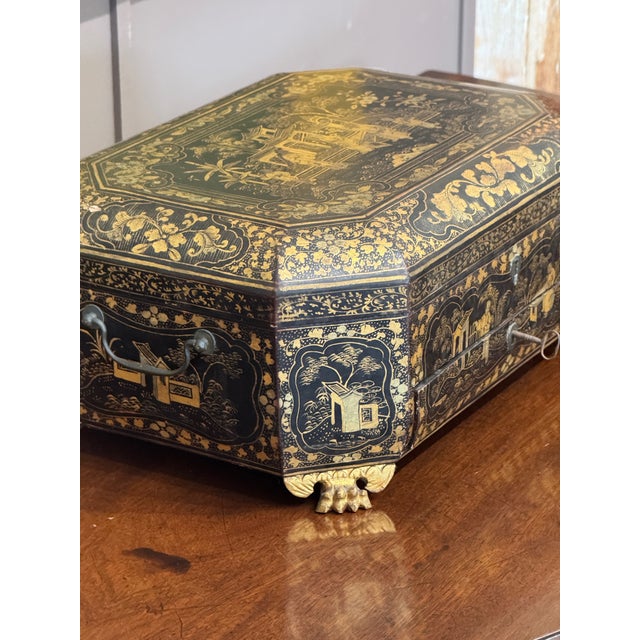 Black Early 19th Century Chinese Export Lacquer Sewing Box With Original Carved Bone Contents For Sale - Image 8 of 10