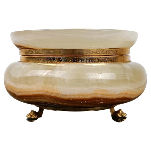 Italian Carved Round Green Onyx Marble Box with Gilded Lionfeet, 1950s For Sale
