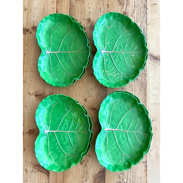 Mid-Century Modern Vintage Glazed Ceramic Cabbage Leaf Plates - Set of 8 For Sale - Image 3 of 12