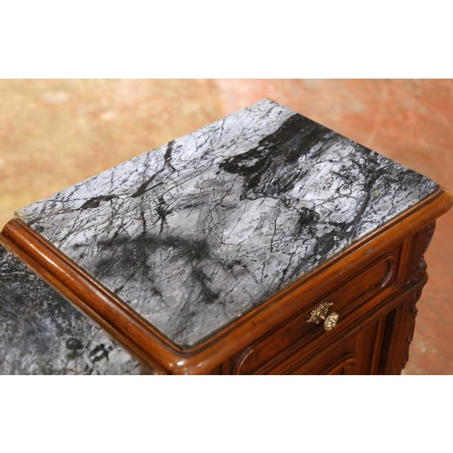 Pair of 19th Century French Louis XV Marble Top Carved Walnut Nightstands For Sale - Image 11 of 13