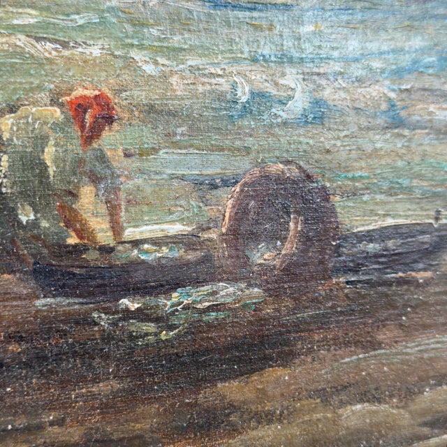 Early 19th Century Antique Italian Coastal Village Fishermen Oil Painting – Salvaged Canvas Fragment For Sale - Image 5 of 12