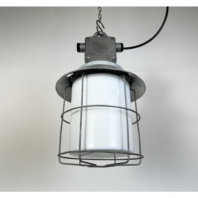 Gray Industrial Aluminium Cage Light with Milk Glass from Elektrosvit, 1970s For Sale - Image 8 of 17