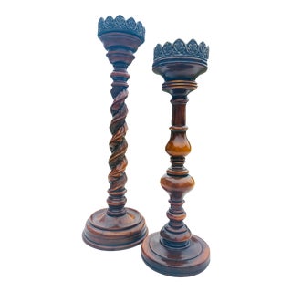 Vintage Handsome Theodore Alexander Hand Turned Candlesticks/Complementary Pair. For Sale
