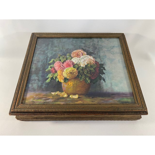 1940s Large Floral Mirrored Wooden Jewelry, Trinket or Stationary Box For Sale - Image 4 of 12