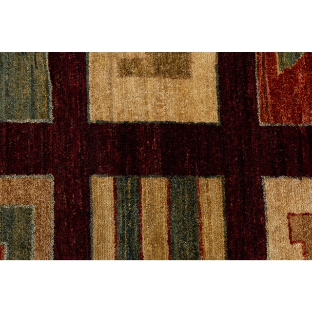 Modern Geometric Grid Hand-Knotted Wool Area Rug in Deep Burgundy & Earth Tones For Sale - Image 4 of 12