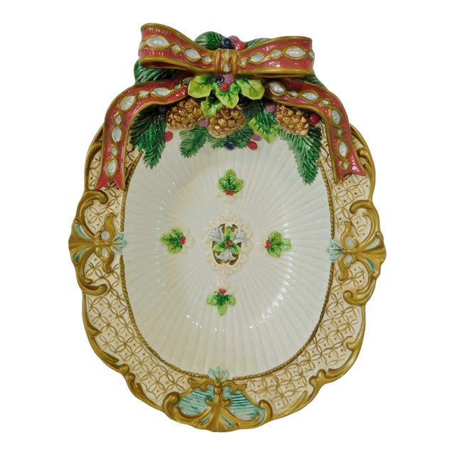 1980s Vintage Fitz & Floyd Christmas Pinecones Serving Bowl Orig. Box For Sale