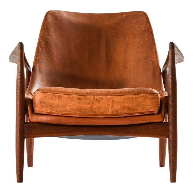 Easy Chair in Leather and Teak by Ib Kofod-Larsen, 1950s For Sale