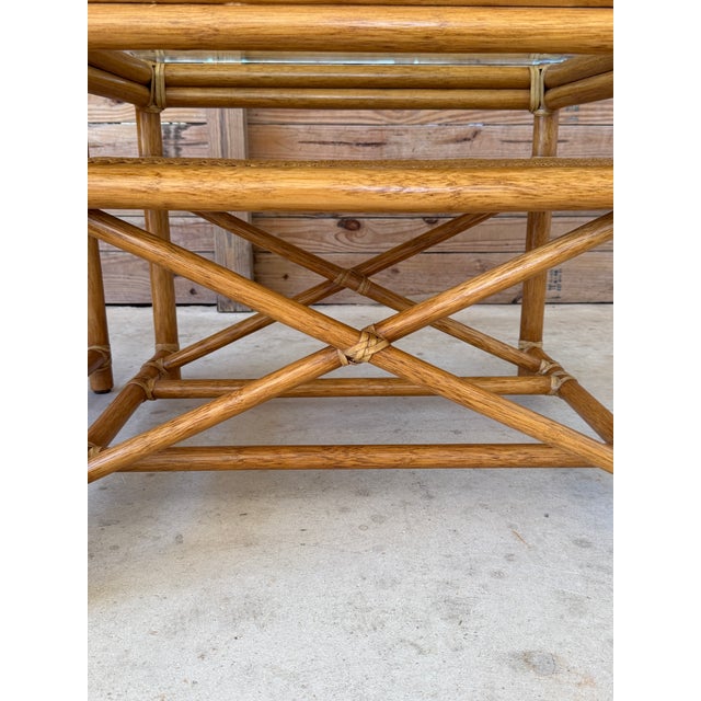 Contemporary Pair of Vintage McGuire Organic Modern Rattan Side Tables With Cane Shelves and Glass Tops For Sale - Image 3 of 12