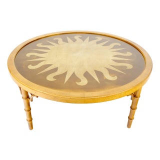 Decorative Round Faux Bamboo Gold Leaf Sunburst Theme Top Coffee Table For Sale