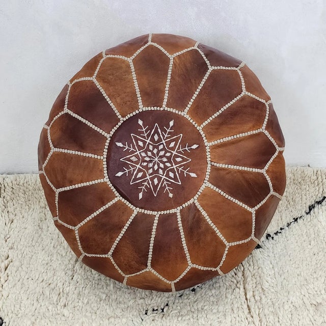 Handcrafted Moroccan Leather Pouf Cover – Rich Brown Ottoman, Genuine Goat Leather, Hand-Stitched Marrakech Artisan, Boho Chic Decor For Sale - Image 4 of 6