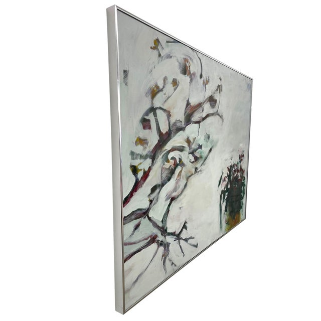 Abstract Large Contemporary Abstract Floral Painting on Canvas in Silver Frame, White Blossoms Still Life For Sale - Image 3 of 9