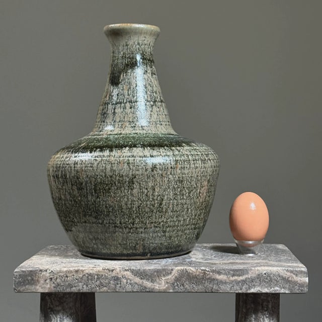 Vintage Mid Century Green Glazed Long Neck Ceramic Vase, Signed For Sale - Image 4 of 9