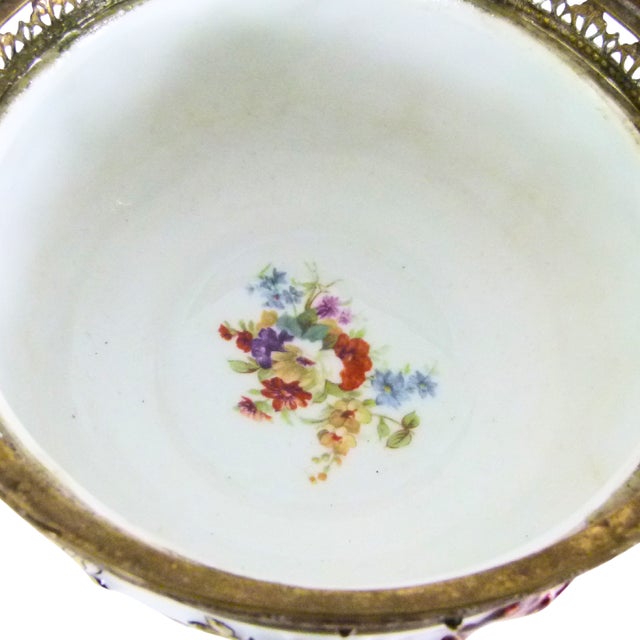 Alabaster Vintage French "N" Mark Footed Cherub Bowl With Ormolu Trim & Floral Interior | Two Handled | Blue Crowned N For Sale - Image 8 of 13