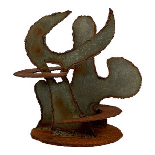 1960s Vintage Brutalist Hand Forged Sheet Metal Sculpture of Cactus, Signed For Sale