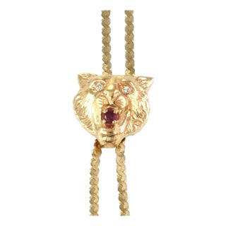 Mid 20th Century Diamond & Ruby Panther 14k Yellow Gold Slide Tassel Necklace For Sale