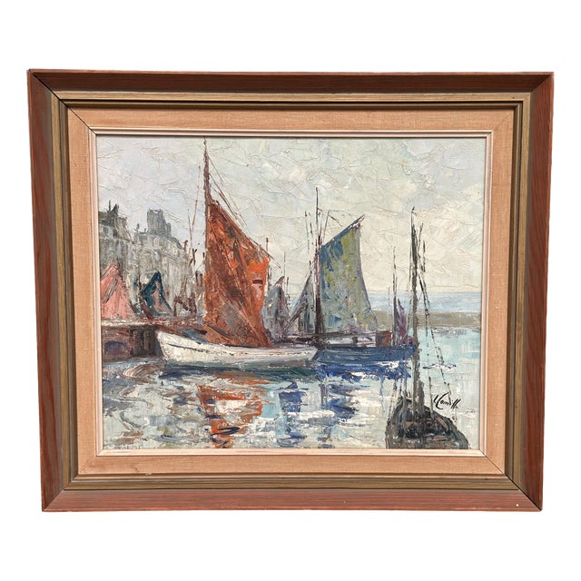Inge Camill, Boats in Harbour, 1950s, Oil on Canvas, Framed For Sale