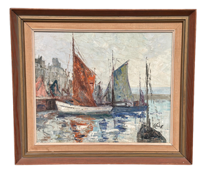Inge Camill, Boats in Harbour, 1950s, Oil on Canvas, Framed