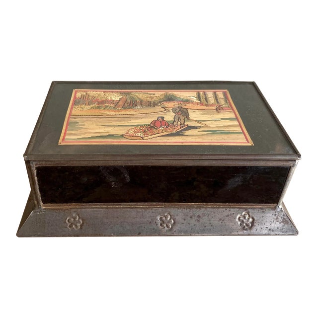 Rare Vintage Mexican Tin Box With Straw Mosaic Picture For Sale