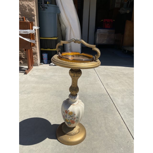 1950s Vintage Hollywood Regency Floral Porcelain & Brass Floor Ashtray Stand For Sale - Image 5 of 13