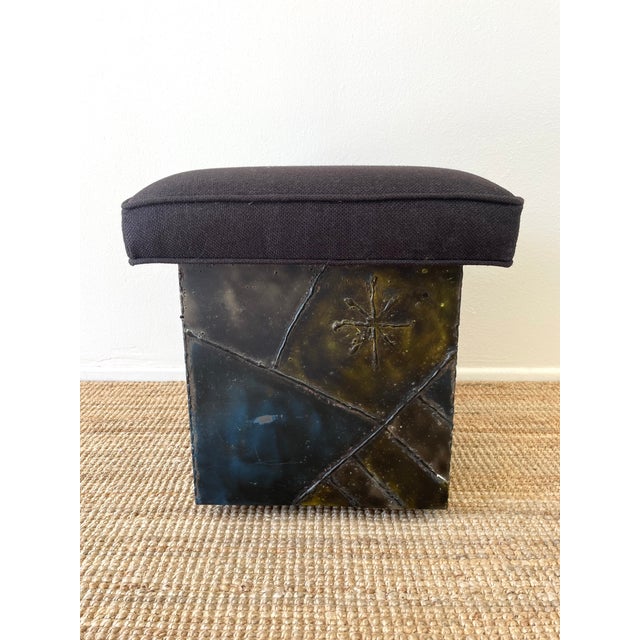 Black Vintage 1970s Paul Evans Brutal Patchwork Metal Ottoman Stool For Sale - Image 8 of 13