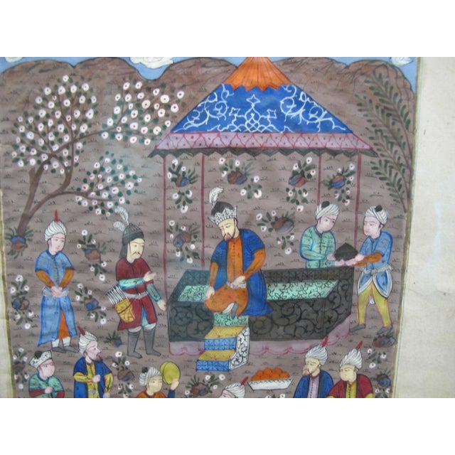 19th Century Antique Persian Illuminated Manuscript Mughal Timur Holding Court in Garden For Sale - Image 5 of 9
