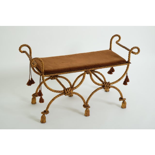 Hollywood Regency Hollywood Regency Bench in Gilded Iron with Rope and Tassels, 1950s For Sale - Image 3 of 18