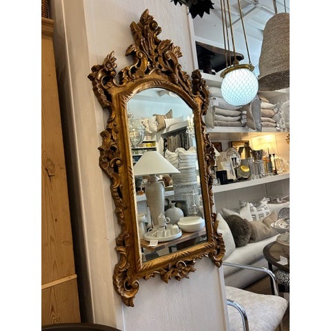 Vintage Gold Leaf Carved Wood Wall Mirror With Ornate Crown For Sale - Image 4 of 15
