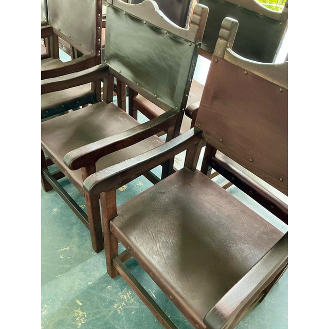 Vintage Spanish Leather and Wood Armchairs - Set of 6 For Sale In West Palm - Image 6 of 14