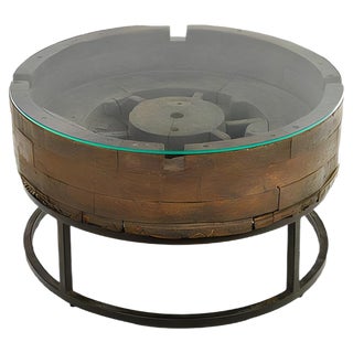 Wooden Coffee Table with Glass Top and Cast Iron Base For Sale