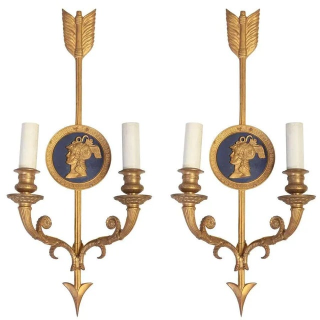 Metal Bronze Two-Light Neoclassical Wall Sconces, Set of 2 For Sale - Image 7 of 9