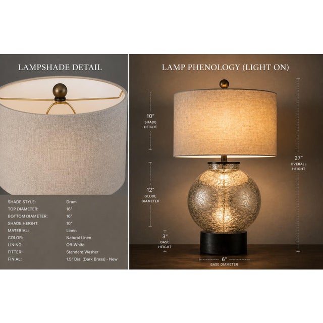 Late 20th Century Late 20th Century Crackle Glass Globe Table Lamp With Dark Wood Base & Linen Drum Shade — 27” For Sale - Image 5 of 5
