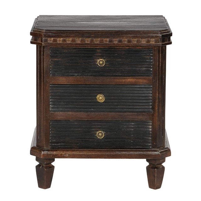 Re-edition Gustavian Style Nightstand Antiqued Brown and Charcoal Finished Wood Three Drawers and Brass Pulls