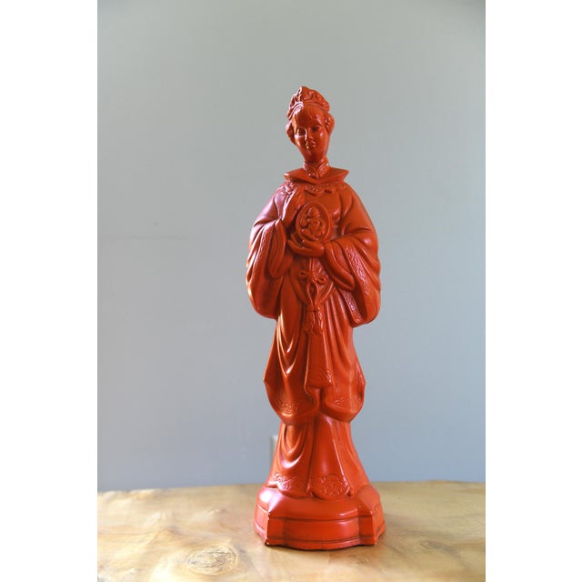 Pair of Vintage Orange/Vermilion Chalkware Emperor and Empress Statues From the Personal Collection of Artist Tawny Chatmon For Sale In Baltimore - Image 6 of 11