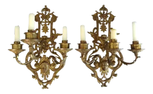 Late-19th Century French Empire Style Three-Light Gilt Bronze Sconces - A Pair