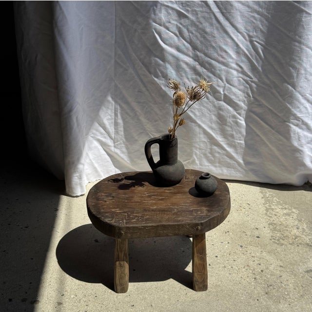 Small stool, oval wabi-sabi style side table in solid teak. Minimalist, raw design, a beautiful piece of quality...