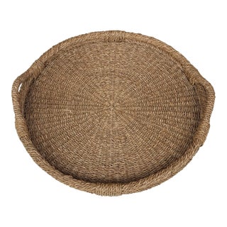 Vintage Oversized Round Woven Basket Tray For Sale