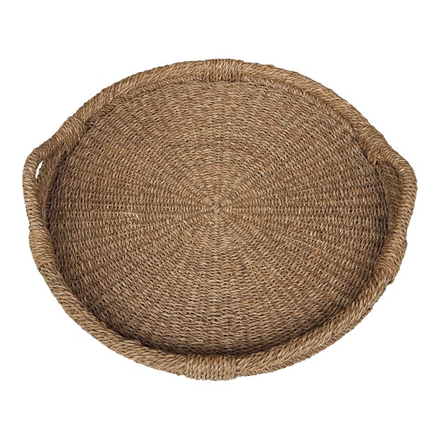 Vintage Oversized Round Woven Basket Tray For Sale