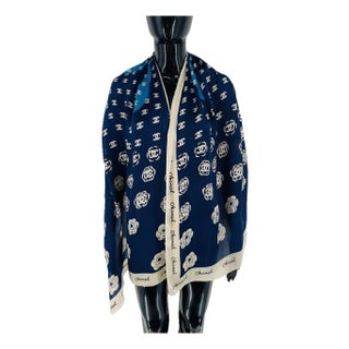 Chanel Navy Blue Monogram 100% Silk Scarf For Sale