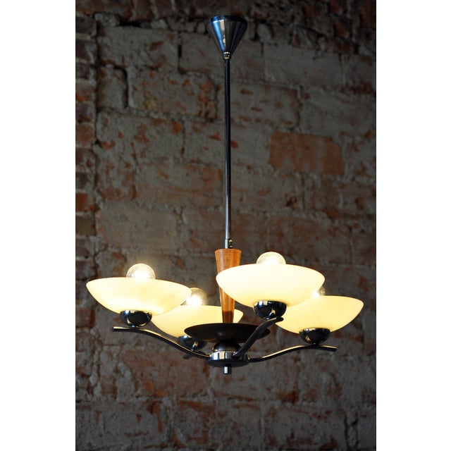 Art Deco Chandelier in Chromed Steel, Beech and Opal Glass, Czech, 1920s For Sale - Image 3 of 13