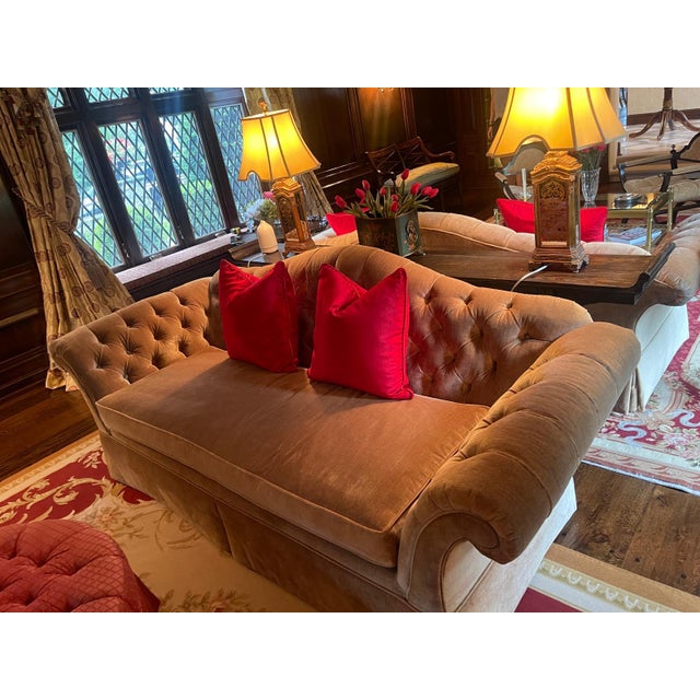 English Pair of Custom English Country Tufted Silk Velvet Sofas For Sale - Image 3 of 7