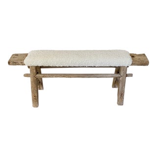 Upholstered Antique Long Elm Bench For Sale
