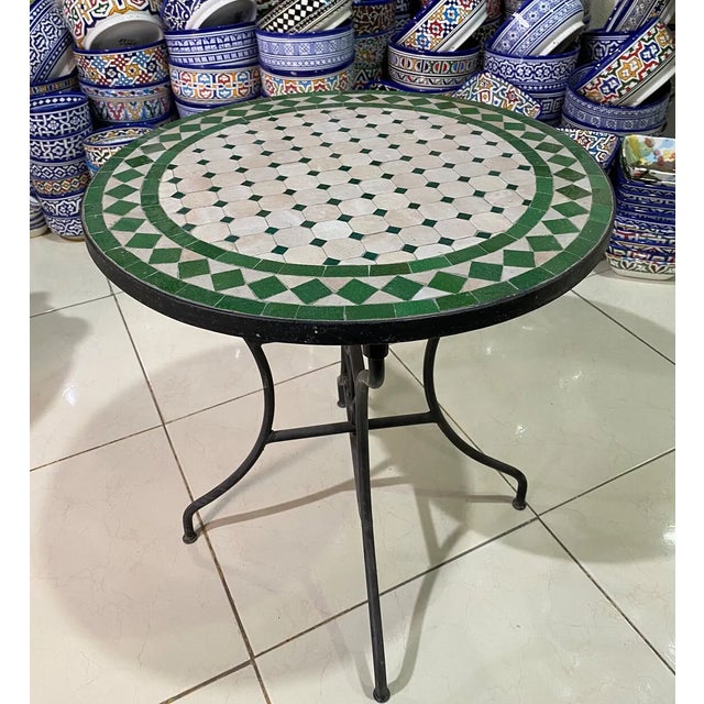 Metal Round Green Mosaic Table With Moroccan Decor Art For Sale - Image 7 of 7