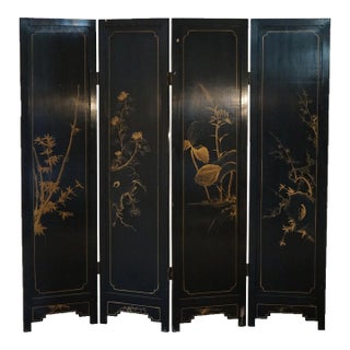 Antique Chinese Ebonized & Hand Painted Dressing Screen with Carved Hardstone For Sale